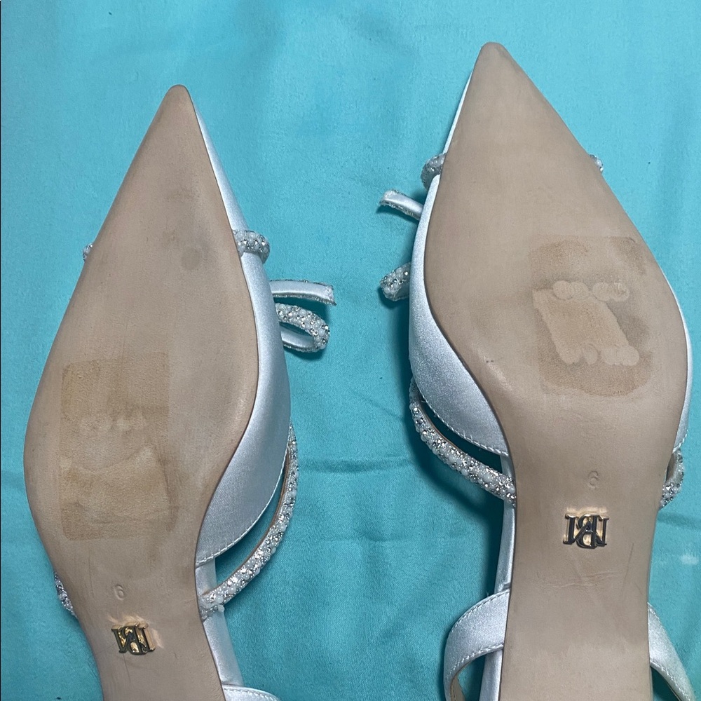 Badgley Mischka White Satin Pointed Toe Slingback Heels with Crystal Bow Accent - Picture 10 of 13